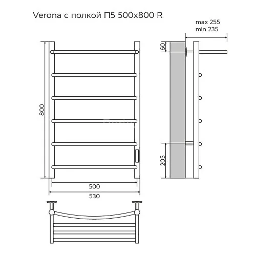 Полотенцесушитель электрический AZARIO VERONA 500/800 5 секций, с полкой, диммер справа, хром (AZ048