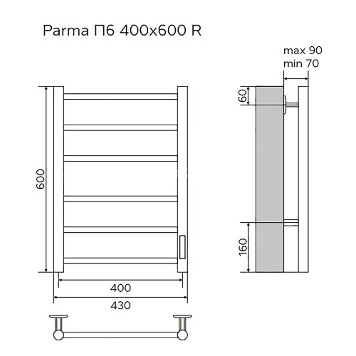 Полотенцесушитель электрический AZARIO PARMA 400/600 6 секций, диммер справа, черный (AZ10846B)