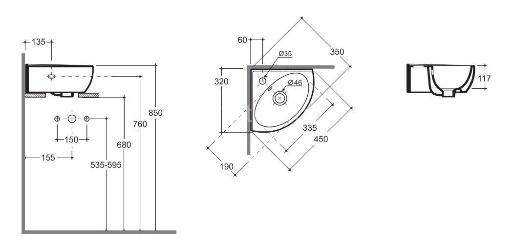 Раковина угловая Керамин Лаго 45 450х350х170 подвесная, крепление в комплекте, белый (Раковина углов