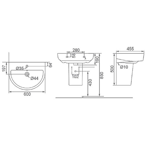 Раковина с полупьедесталом Creo Ceramique RENNES 600х455х500 керамика, белый глянцевый (RE3000+RE305