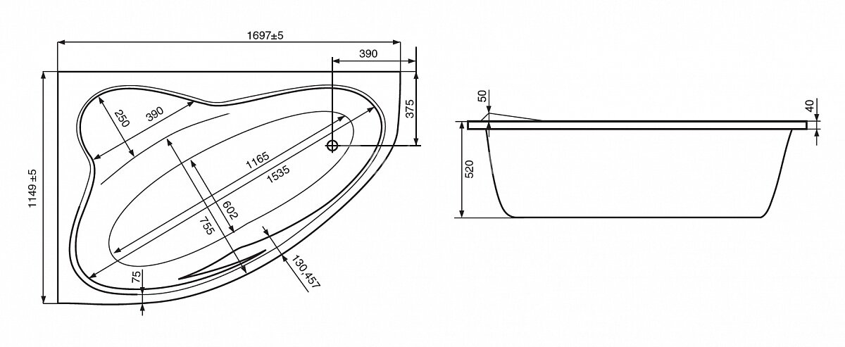 Roca LUNA Асимметричная акриловая ванна 170*115, левосторонняя