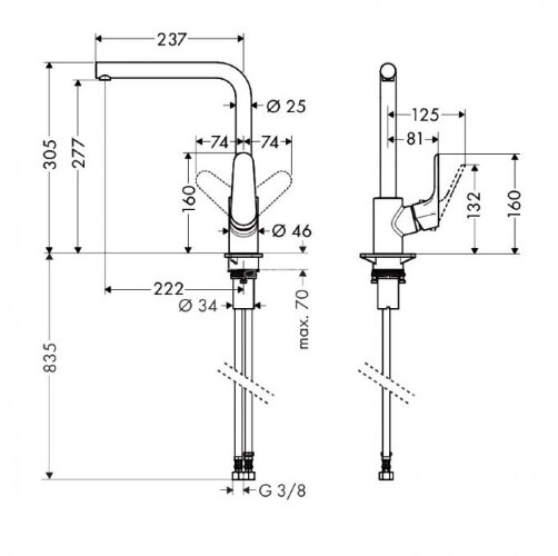 31817800 Focus Смеситель для кухни 280, однорычажный, с поворотным изливом, под сталь