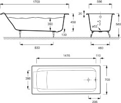 Ванна чугунная Jacob Delafon PARALLEL 170x70 см с антискользящим покрытием, без отверстий для ручек,