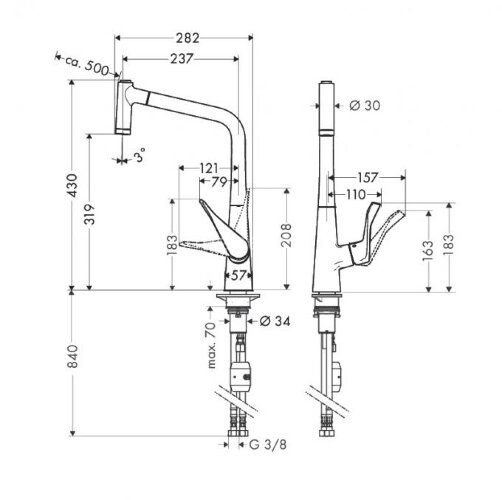 14820000 Metris Смеситель для кухни однорычажный, с выдвижным душем, ½´