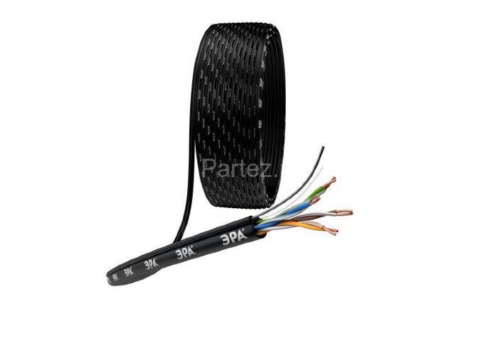 Кабель витая пара U/UTP кат.5e 4х2х24AWG solid CU PE OUTDOOR трос черн. (уп.305м) Эра Б0044432