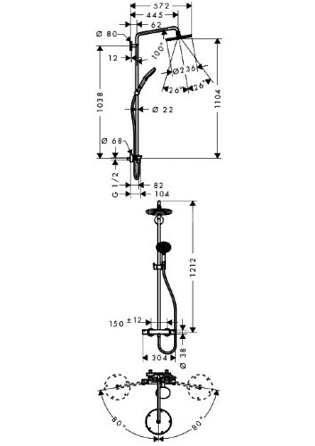 27116000 Raindance Select S 240 Showerpipe EcoSmart, поворотный держатель 450 мм, ½’
