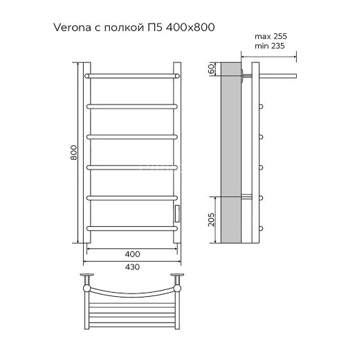 Полотенцесушитель электрический AZARIO VERONA 400/800 5 секций, с полкой, диммер справа, черный (AZ0