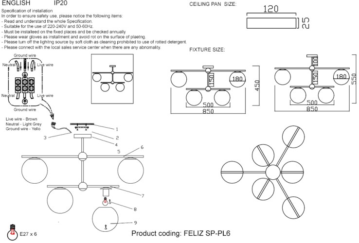 Потолочная люстра Crystal Lux FELIZ SP-PL6 BRONZE/WHITE