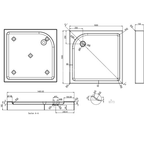 Душевой поддон Azario 1000х1000х150 R/L, для GREENWOOD 1000, NAG 1221 1000