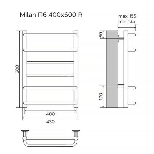Полотенцесушитель электрический AZARIO MILAN 400/600 6 секций, диммер справа, черный (AZ90846B)