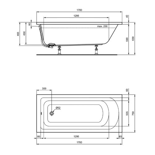 Ванна акриловая Ideal Standard HOTLINE 170х75, встраиваемая или для монтажа с панелями, отверстие сл