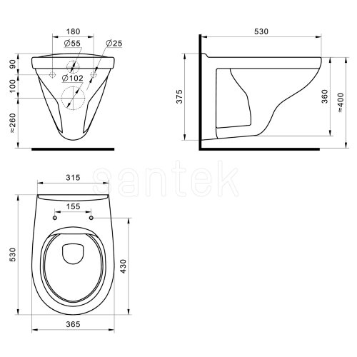 Пэк Santek "Бореаль" rimless подвесной, безободковый унитаз с тонким сиденьем, инсталляция, панель ц