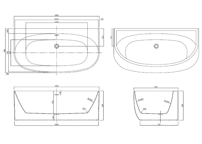 Ванна акриловая Azario CAMBRIDGE 1695х880х580, пристенная, в комплекте с сифоном и металлической рам
