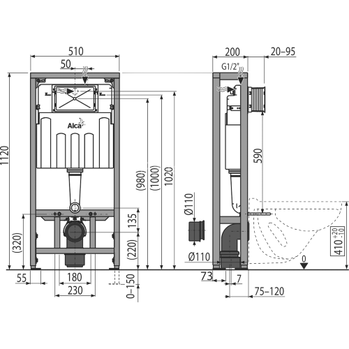 Скрытая система инсталляции Alcaplast AM116 Solomodul, для сухой установки (в пространство) (AM116/1