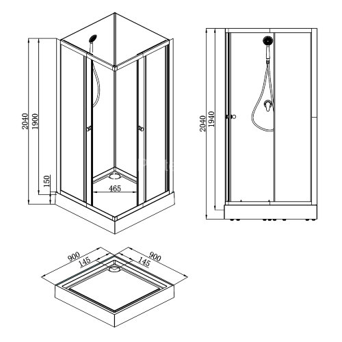 Душевая кабина Loranto NEO 90x90x(190+15) с низким поддоном 15см, прозрачное закаленное стекло 5 мм, задние стеклянные стенки черные, профиль черный-м