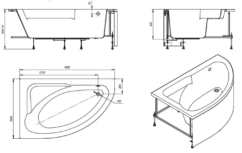 Асимметричная ванна WELNA 160Х100 правая