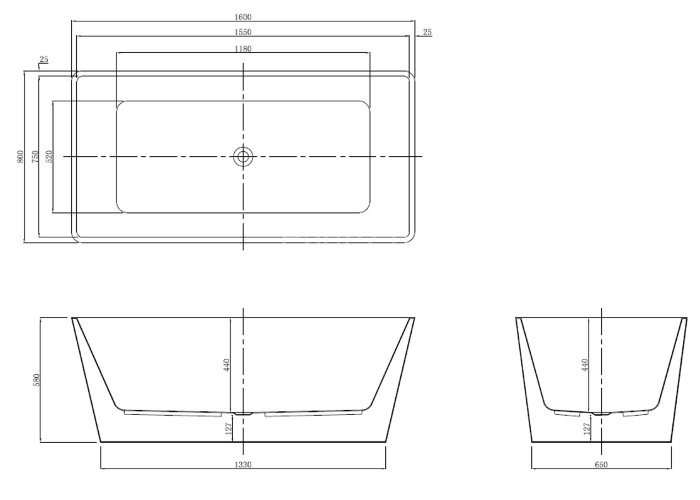 Ванна акриловая Azario LINCOLN 1600х800х580, свободностоящая, в комплекте с сифоном и металлической 