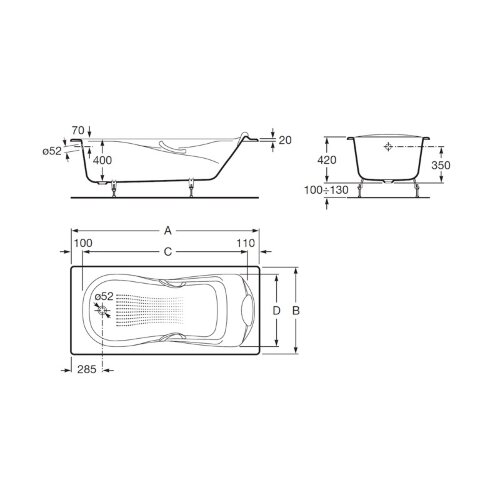 Ванна чугунная Roca HAITI 160х80, противоскользящее покрытие, отверстия для ручек