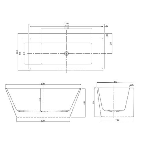 Ванна акриловая Azario OXFORD 1700х830х650, пристенная, в комплекте с сифоном и металлической рамой 