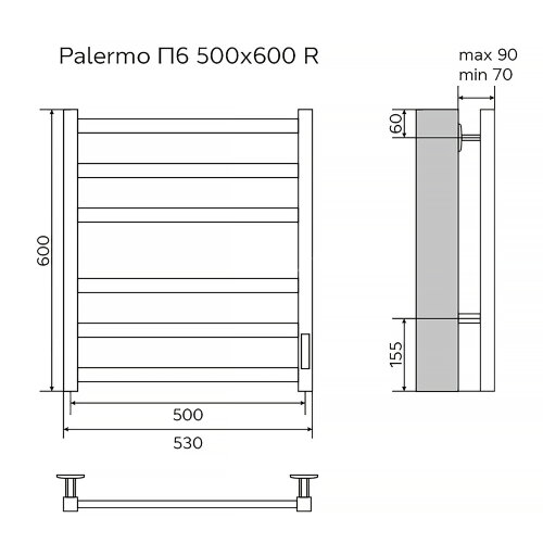 Полотенцесушитель электрический AZARIO PALERMO 500/600 квадрат, 6 секций, диммер справа, белый (AZ83