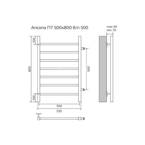 Полотенцесушитель водяной AZARIO ANCONA 500/800 квадрат, 7 секций, боковое подключение, 3/4", хром (