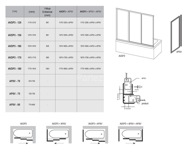 Шторка для ванны раздвижная Ravak AVDP3 170х138 цвет профиля белый (40VV0102ZG)