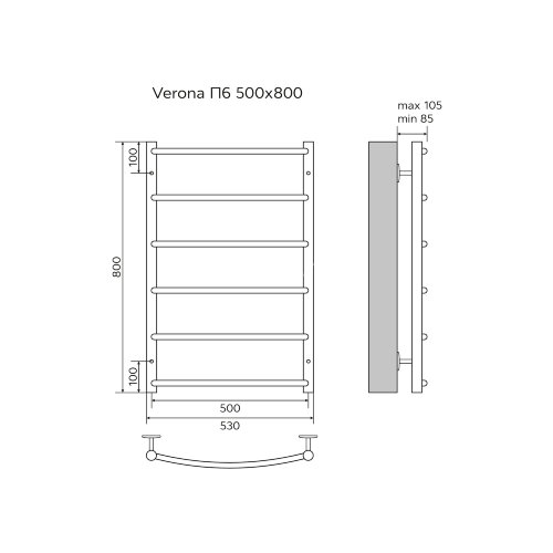 Полотенцесушитель водяной AZARIO VERONA 500/800 6 секций, нижнее/диагональное подключение, 1/2", хро
